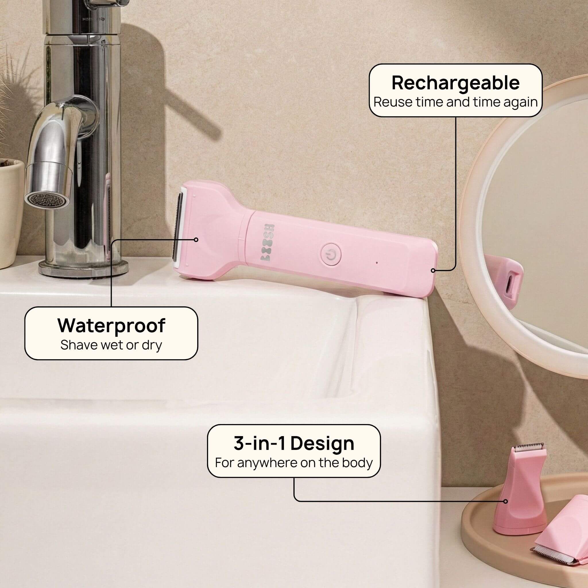 Boosh trimmer features - waterproof, rechargeable, 3 trimmer heads